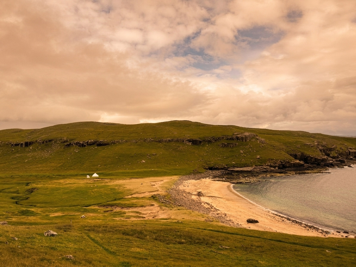 Breathtaking Scottish landscape with a luxury illuminated bell tent