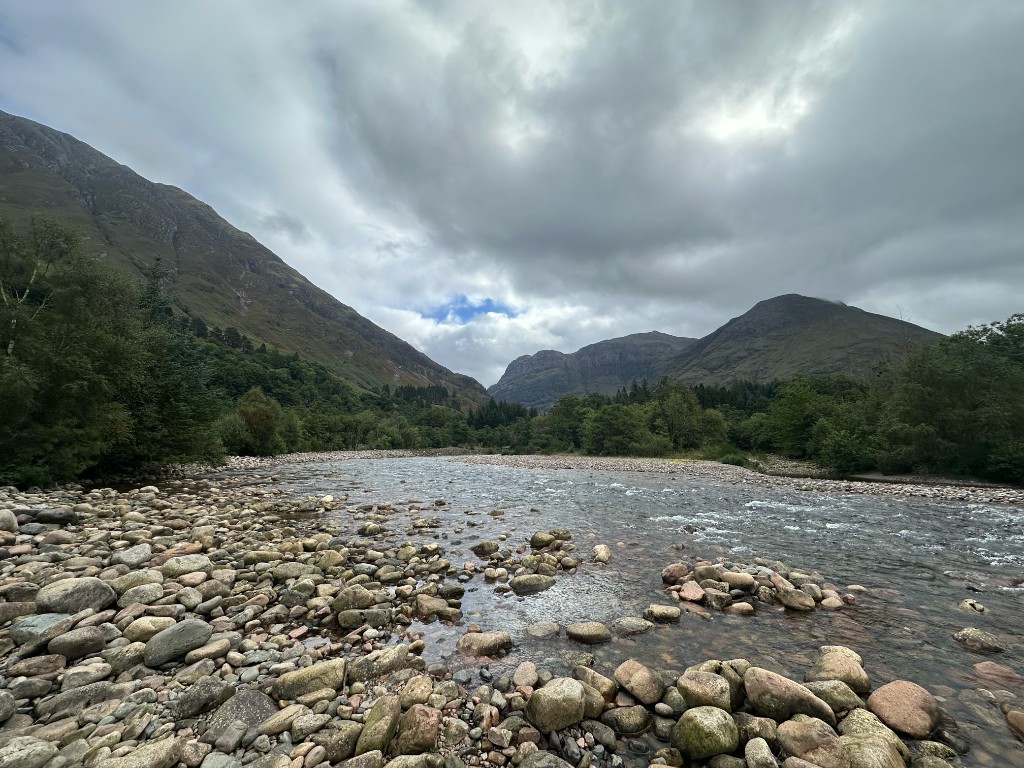 The River Coe in daylight, looking up Glen Coe from a pebble shore