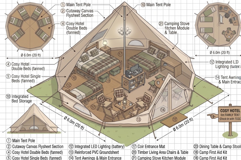Concept cutaway of a 6M Cosy Hotel family tent with beds, kitchen and living area