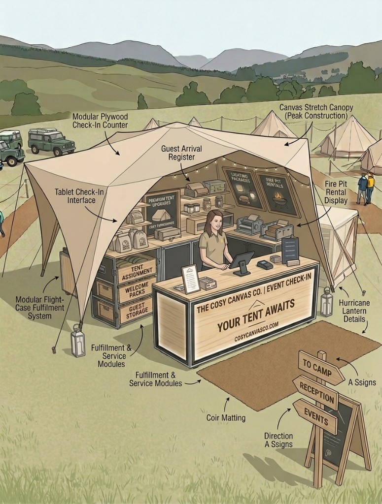 Concept illustration of a Cosy Canvas event check-in canopy on a Highland campsite